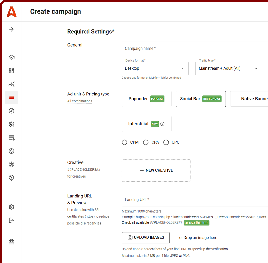 Create campaigns with Adsterra