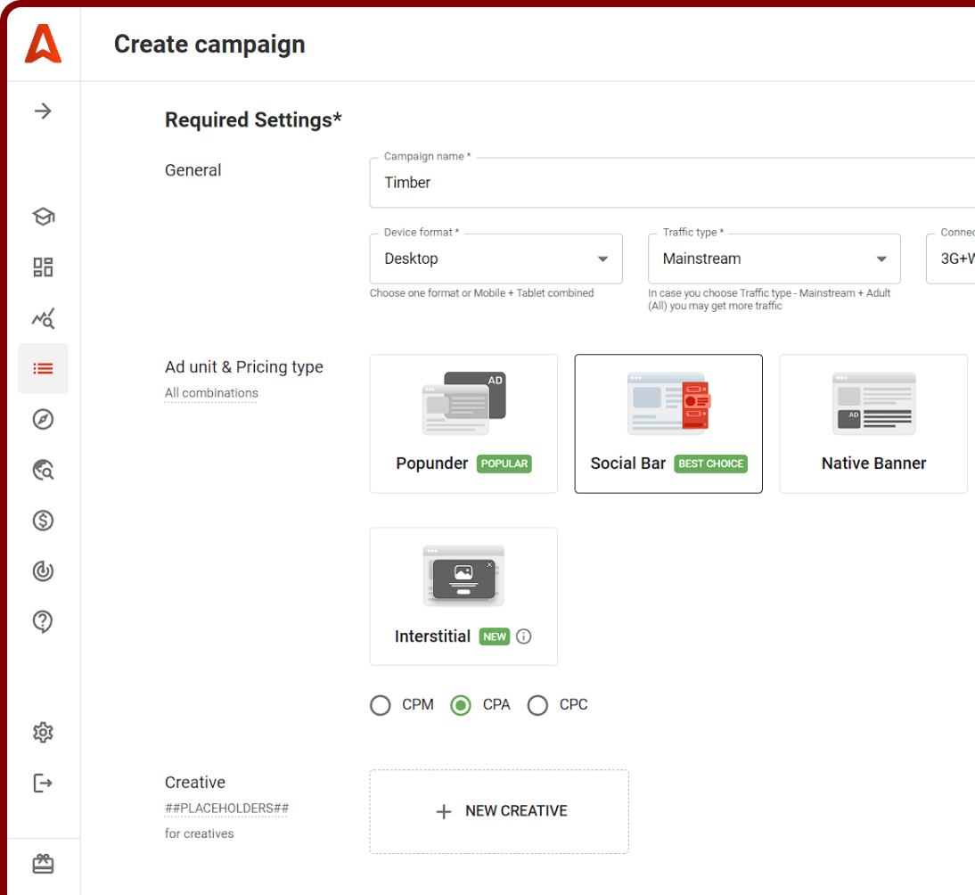 Create campaigns with Adsterra