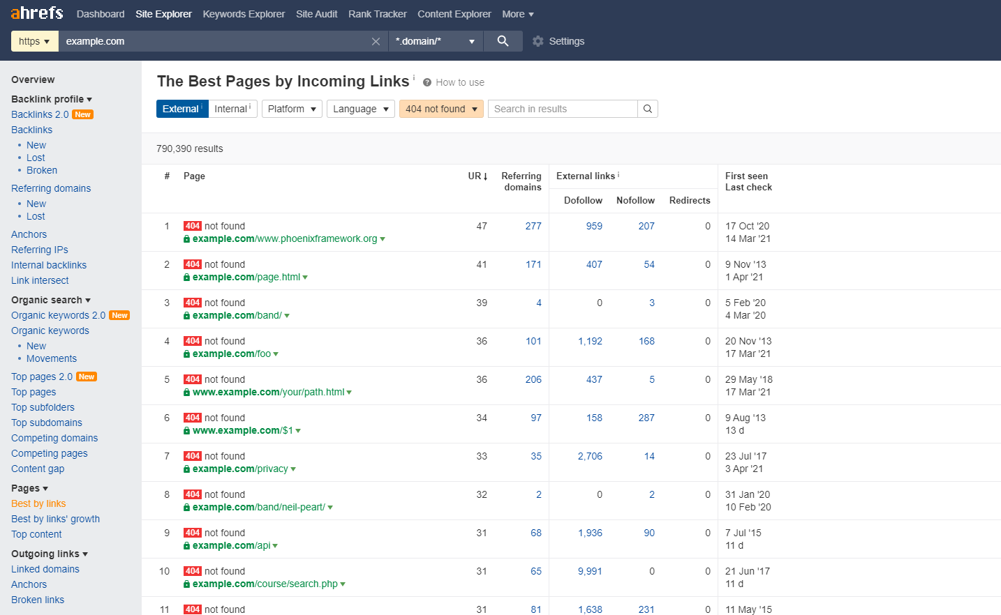 Ahrefs-site-explorer filter for 404 pages in the Best by Links report