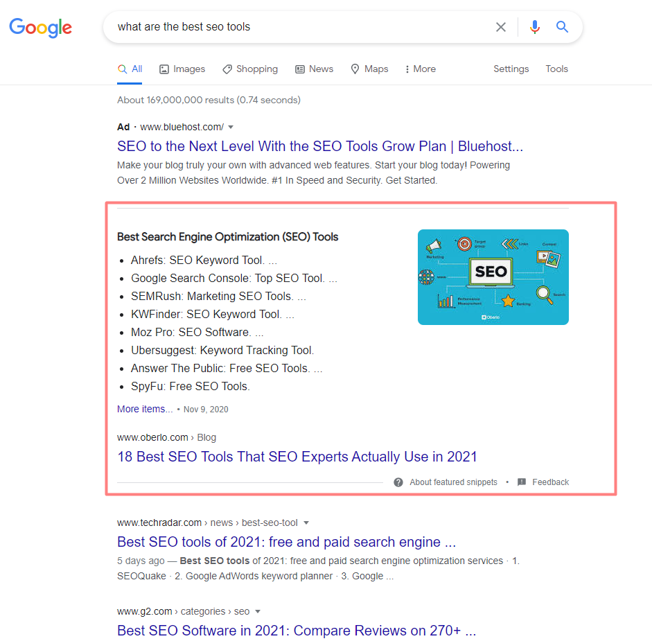 Featured snippet for what are the best seo tools query