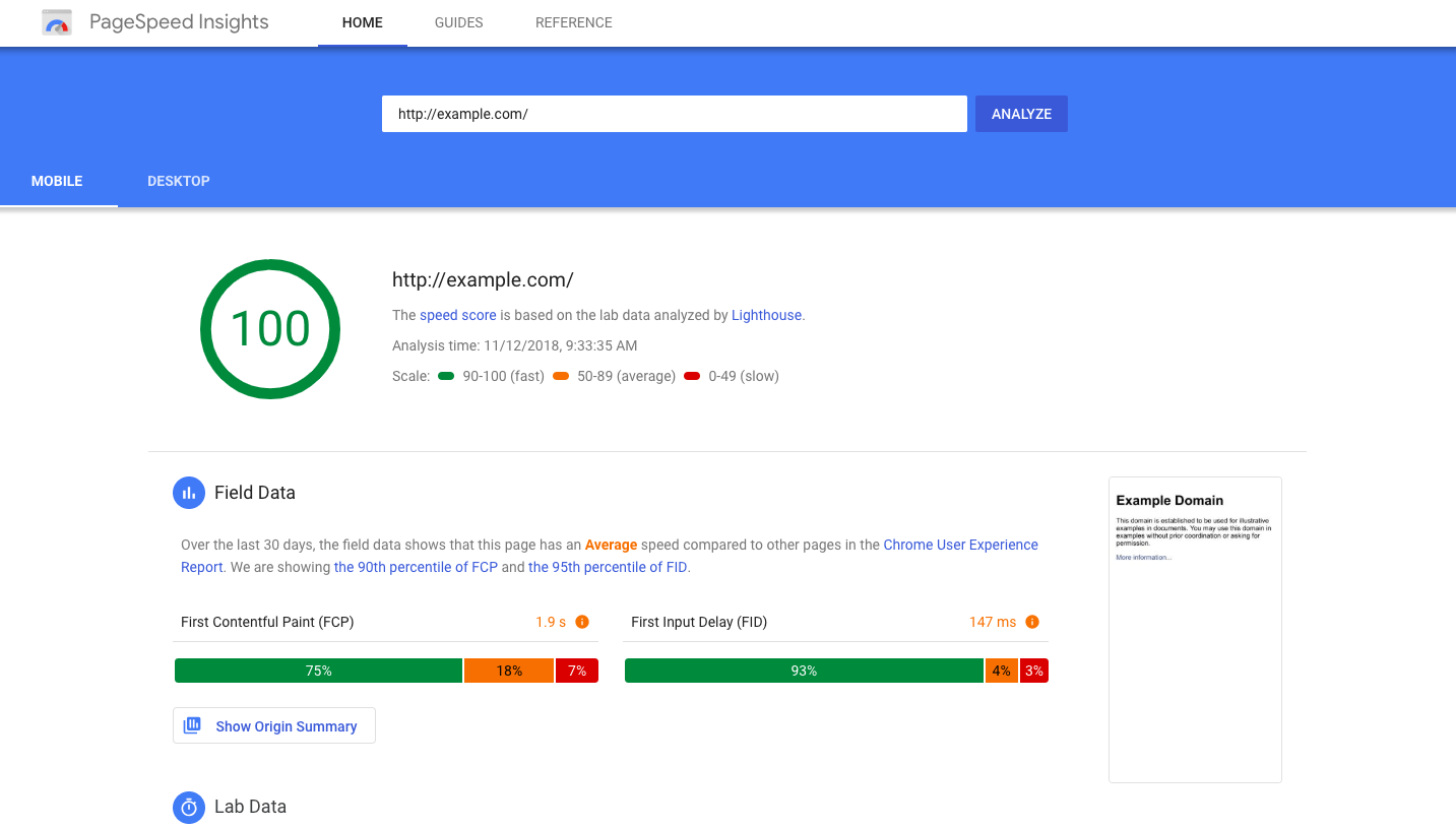 Google pagespeed insights example