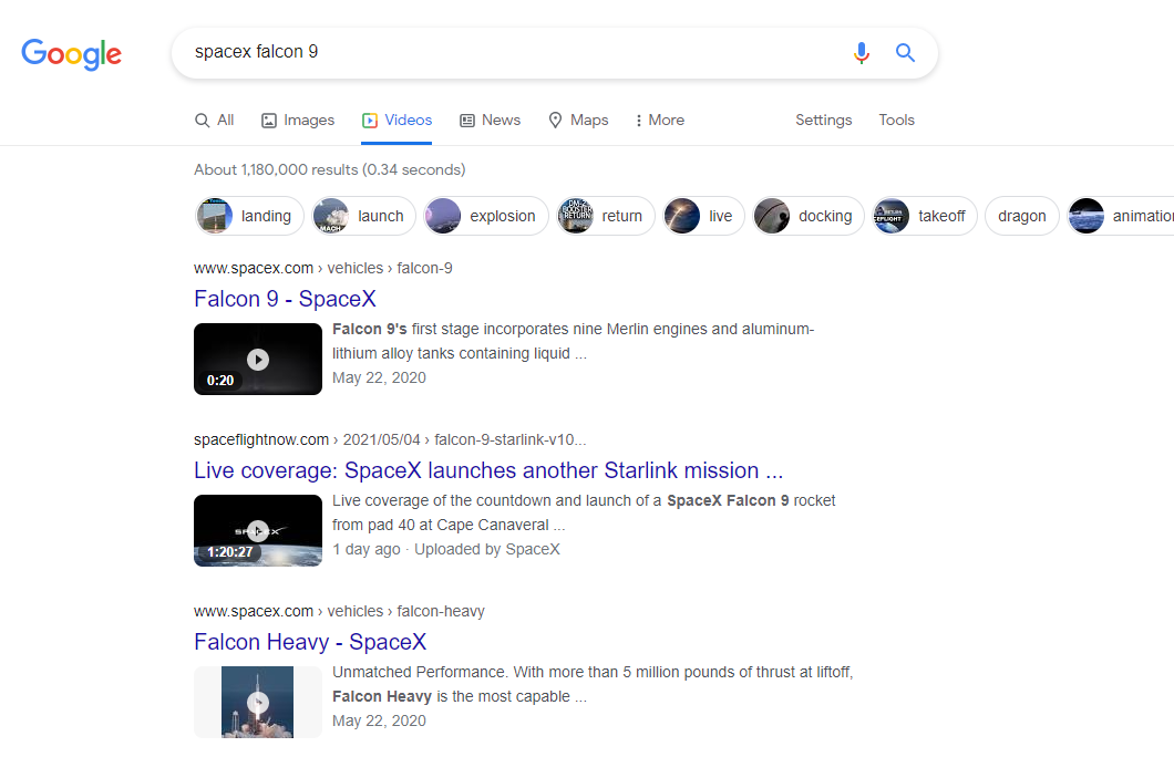 Google search results for spacex falcon 9