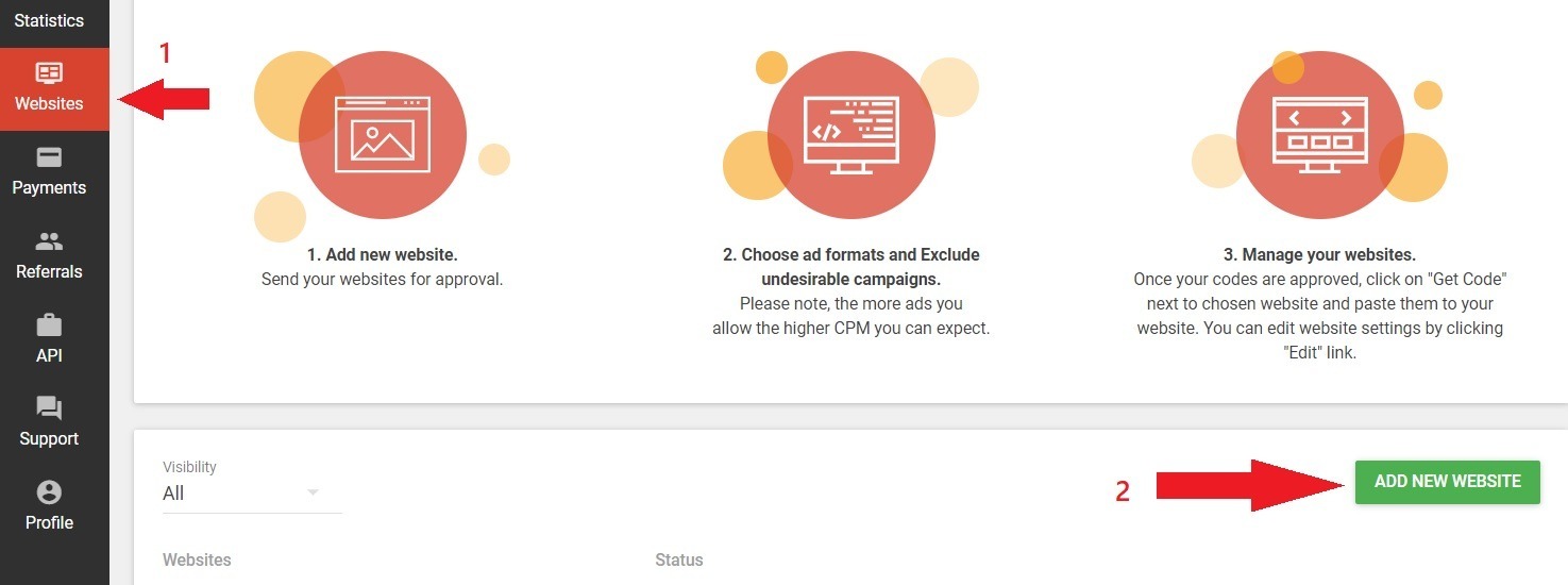 Log in to Adsterra to add a site