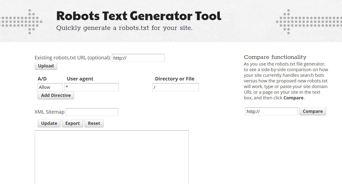 Robots text generator tool main menu