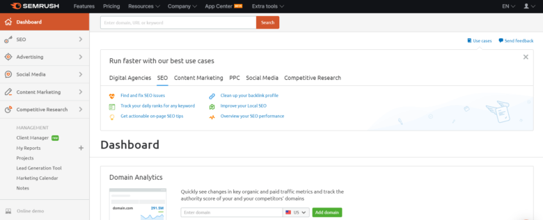 SEMRush dashboard
