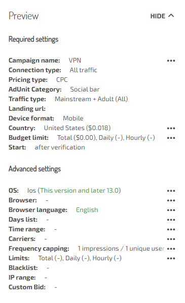 VPN campaign settings