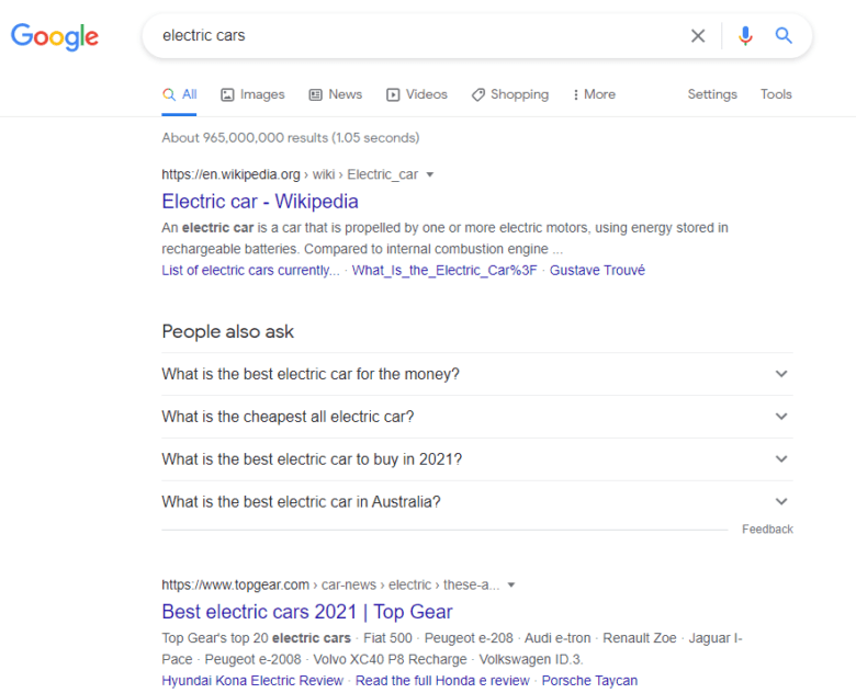 Google search results for electric cars