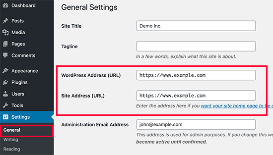 WordPress admin panel general settings - site address