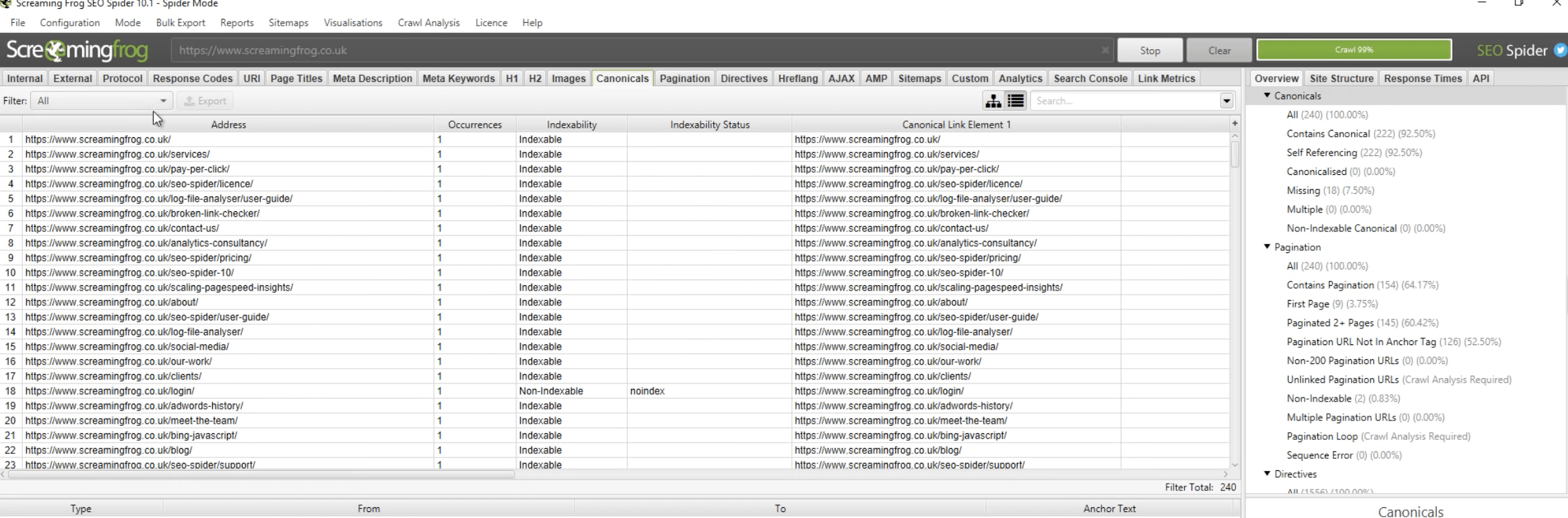 Canonicals tab in Screaming Frog