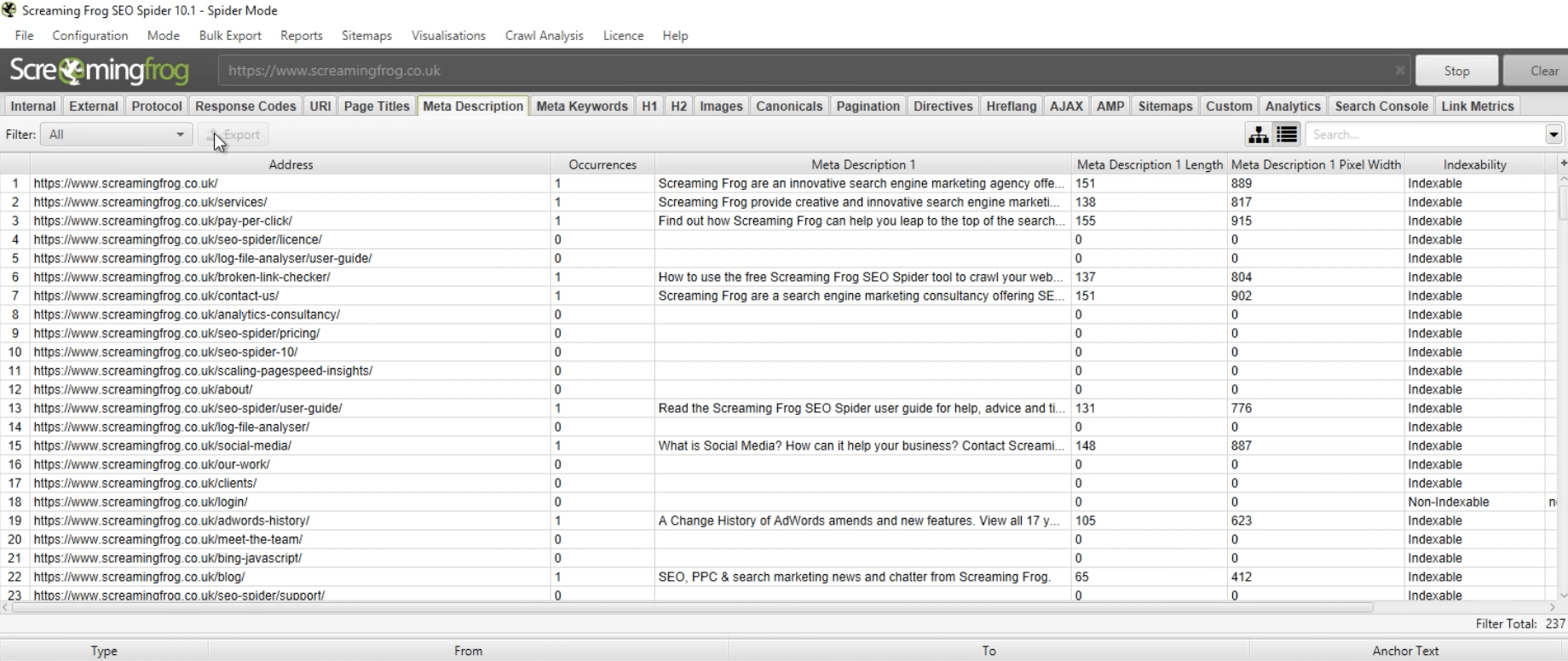 Meta Description tab in Screaming Frog SEO Spider