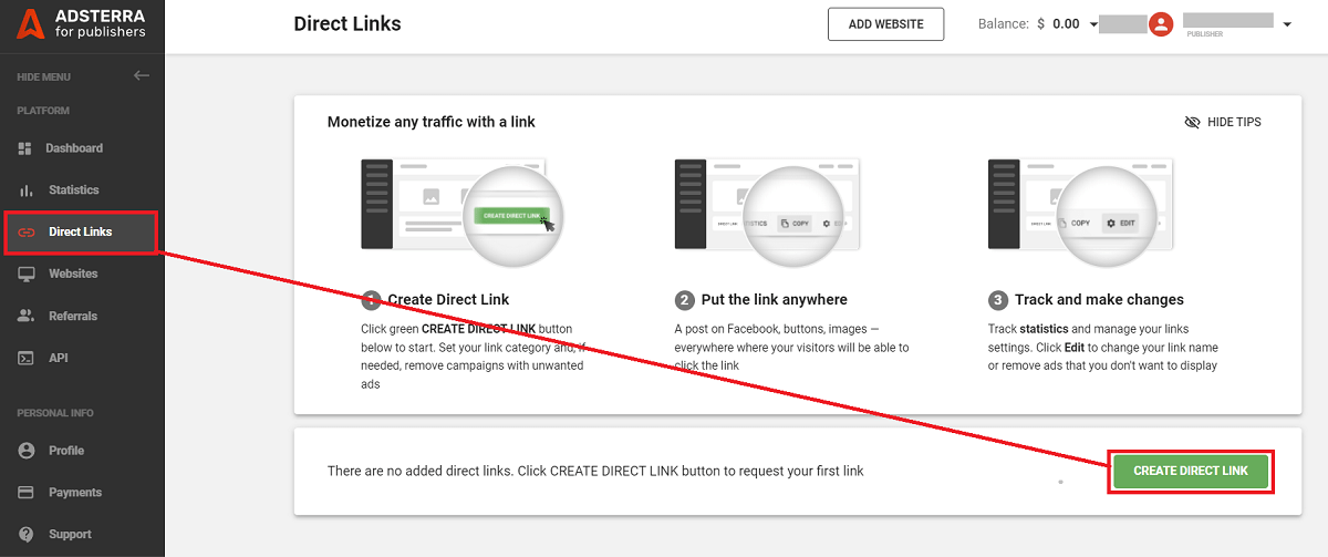 How to add Adsterra Direct Link