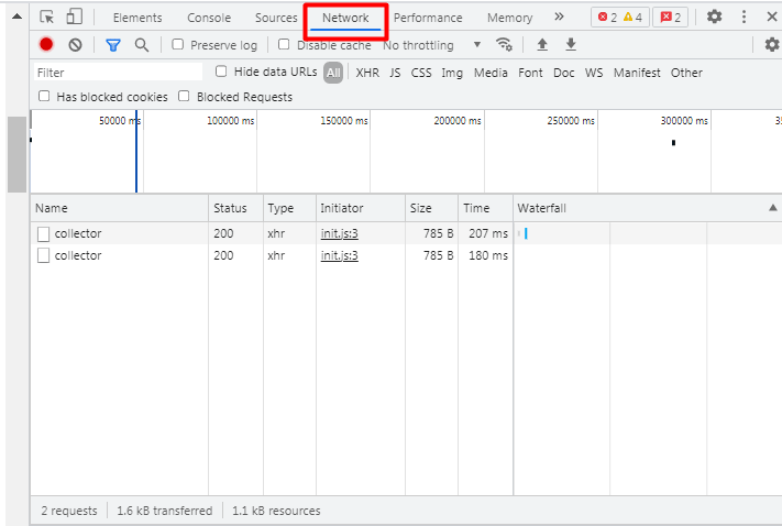 the Network tab on the DevTools panel