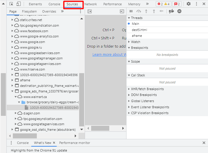 The Sources tab in the Devtools panel