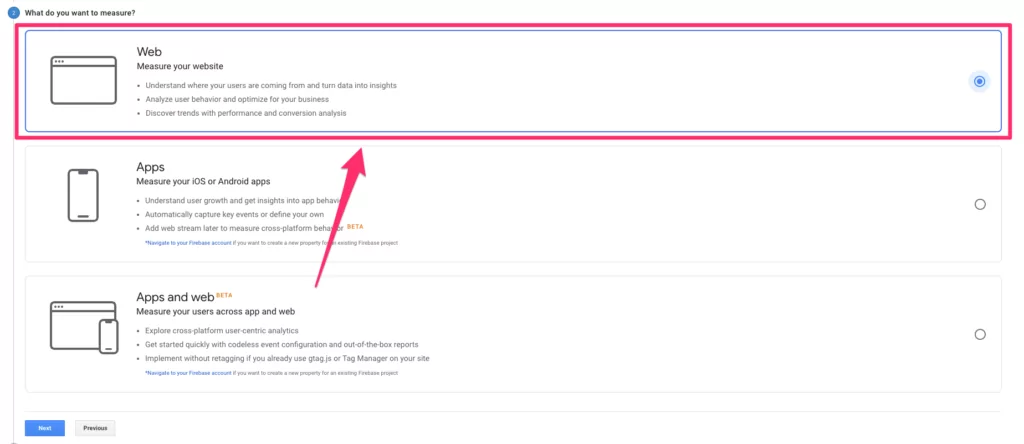 Google Analytics What do you want to measure menu