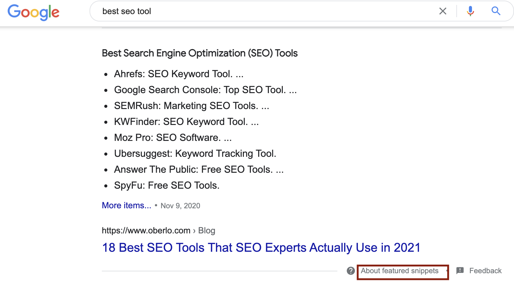 Google search results for the Best SEO tools featured snippets overview