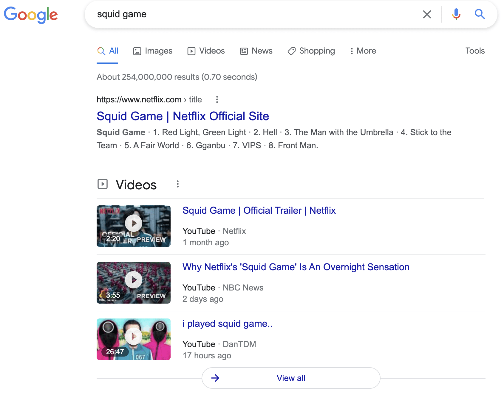 Videos Google search results example