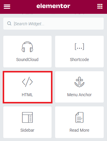 Where to find the HTML widget in Elementor