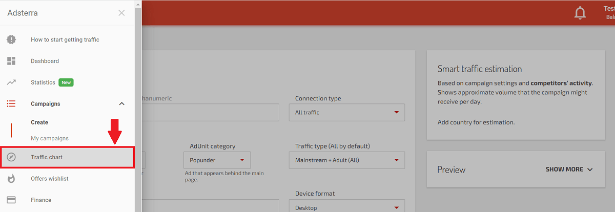 That's how you can find Adsterra Traffic Chart in your account