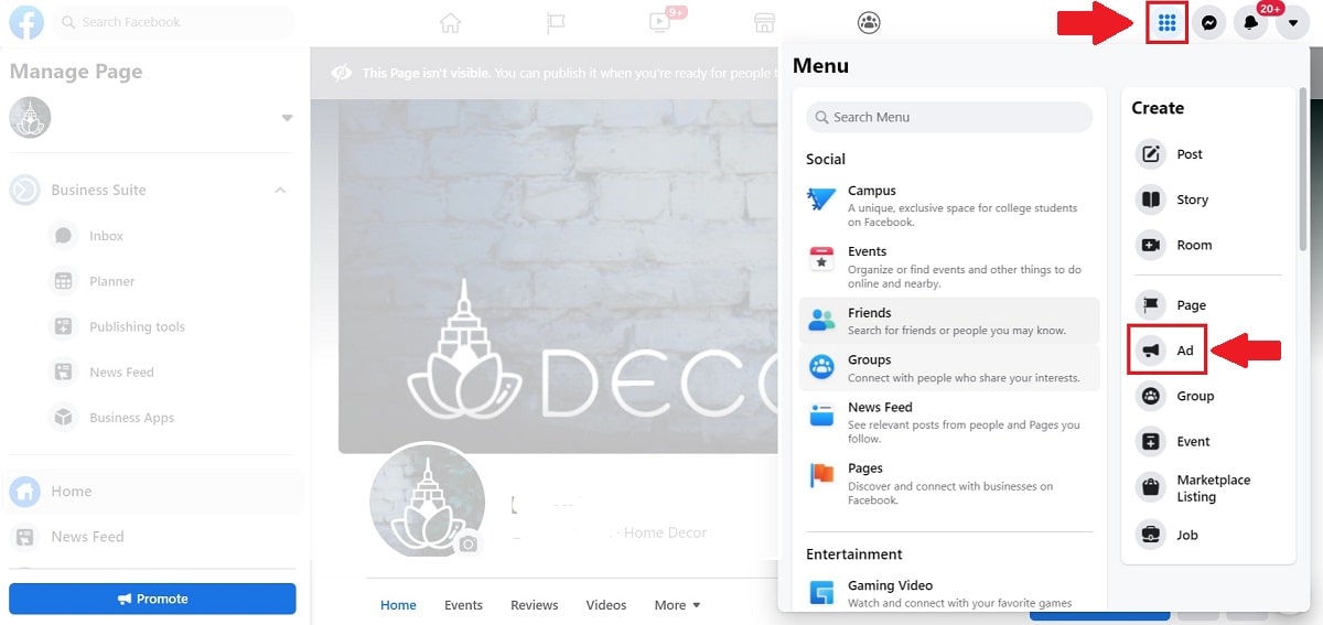 Where to find the Ad section on Facebook