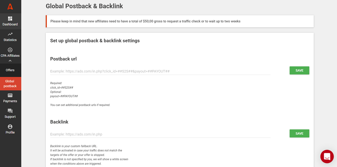 Global postback and backlink setup