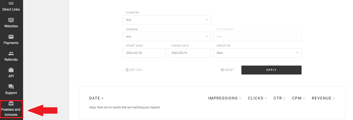 Adsterra Bonuses and Freebies page on Publishers' accounts