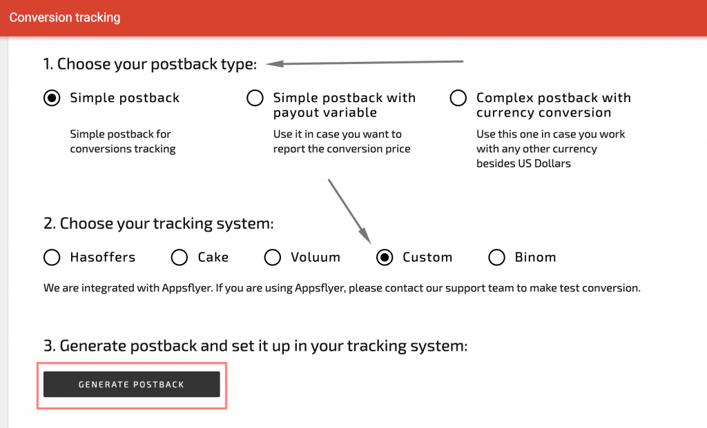 To integrate with Redtrack, you need to tick Custom for the Tracking system