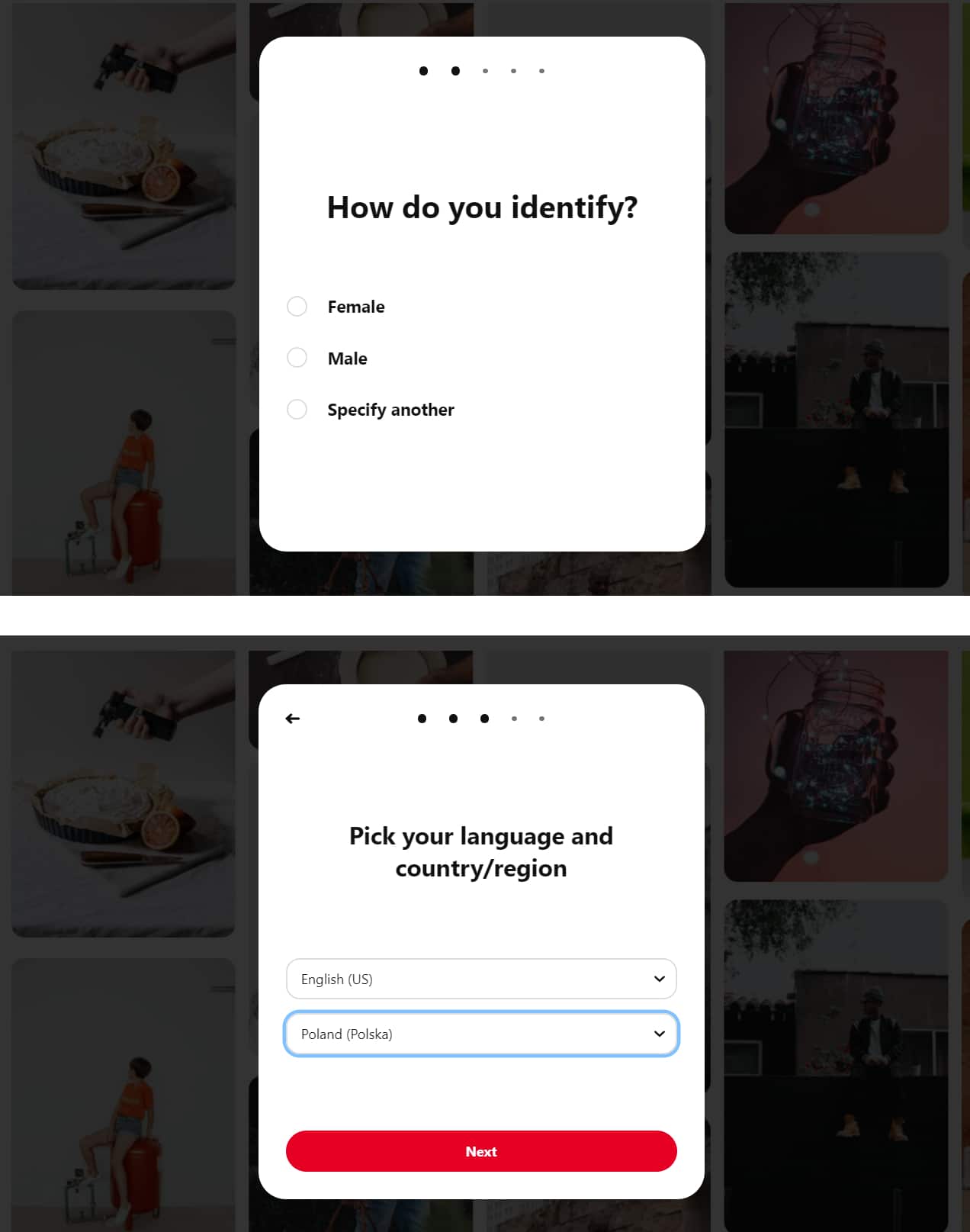 Enter your gender, language, and country in the Pinterest signup form