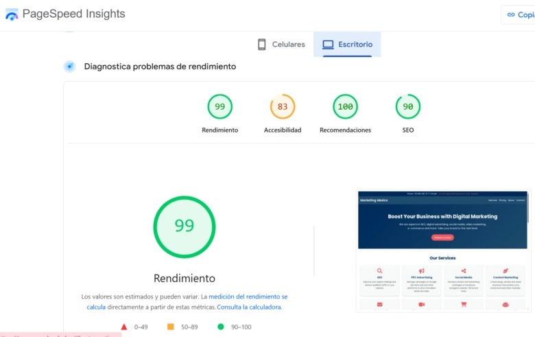 Screenshot of Google PageSpeed Insights for Desktop in Spanish
