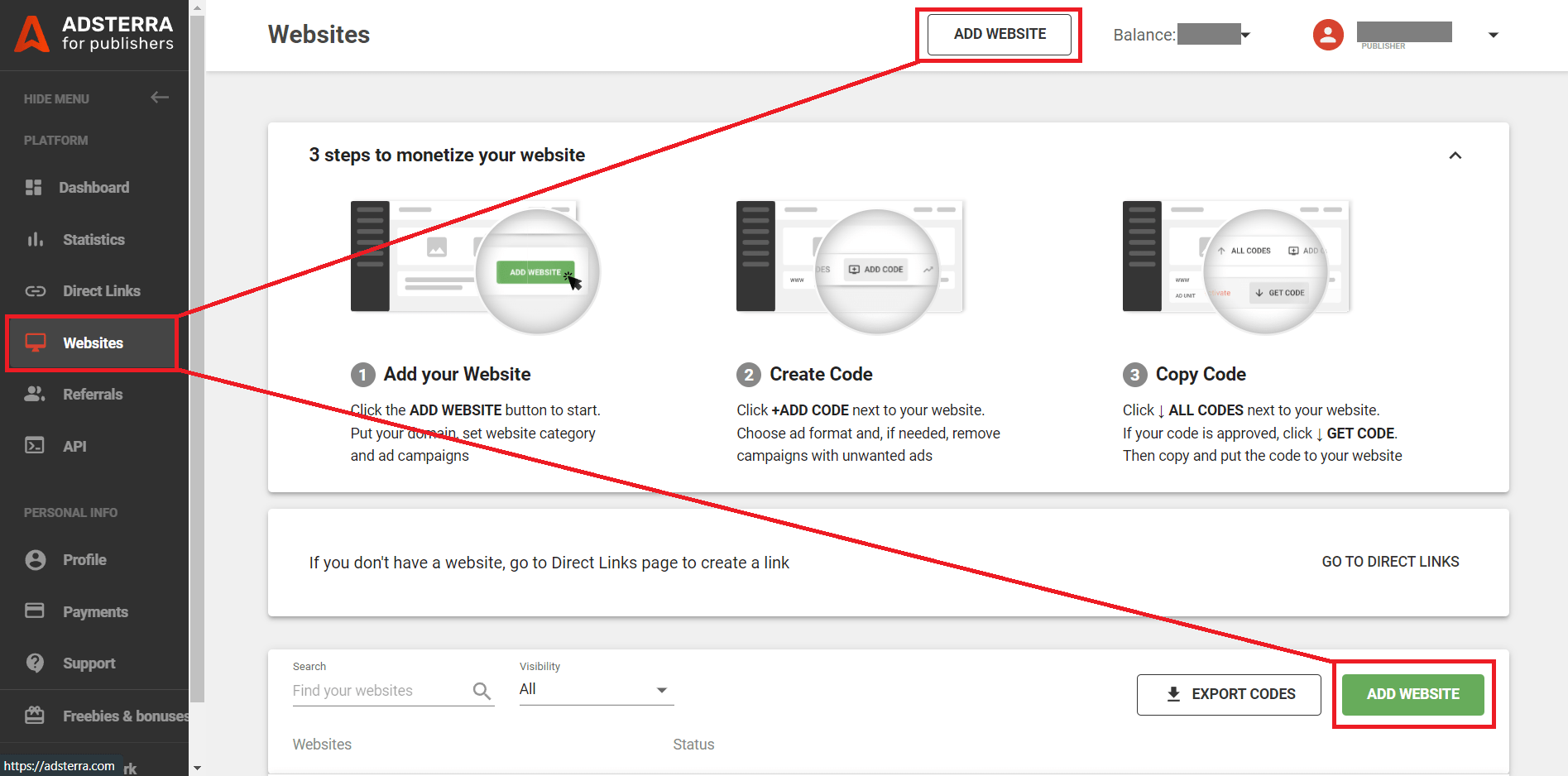 Add your URL to Adsterra to maximize website revenue