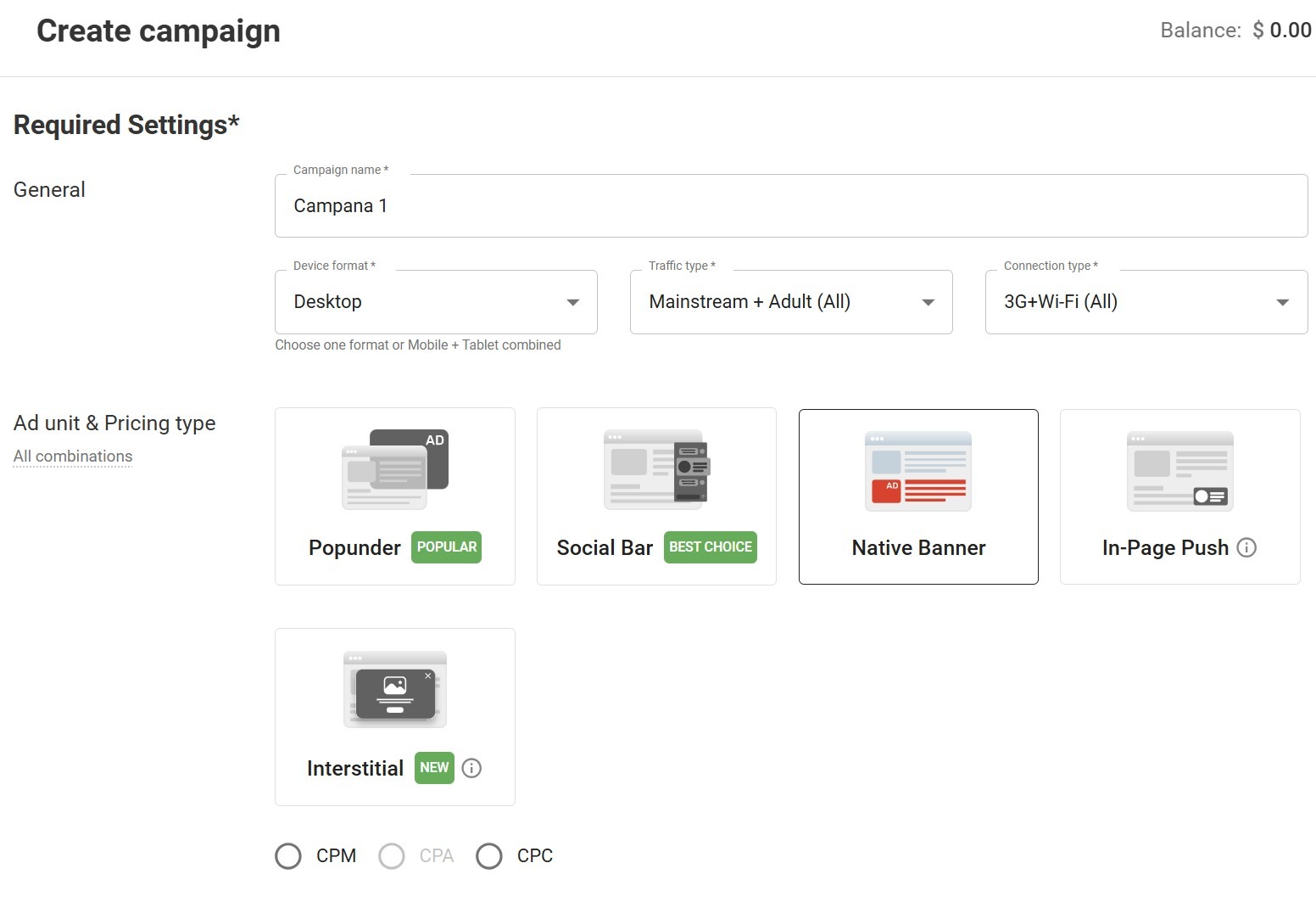 pagina-de-configuracion-de-campana-de-adsterra