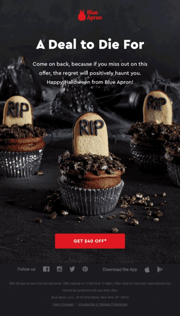 A sample Halloween-themed email campaign from Blue Apron, a mealkit company