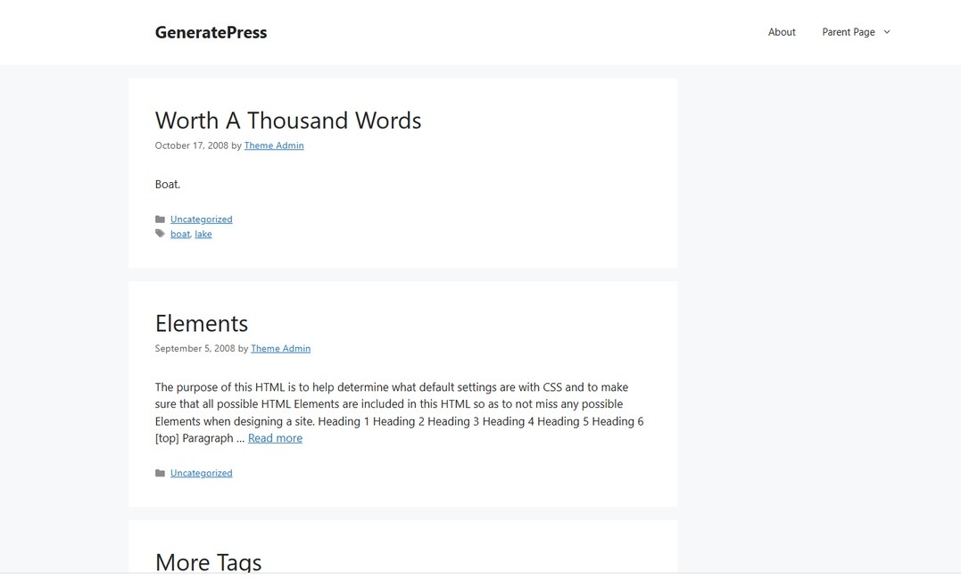 pagina de demostracion del tema de wordpress generatepress
