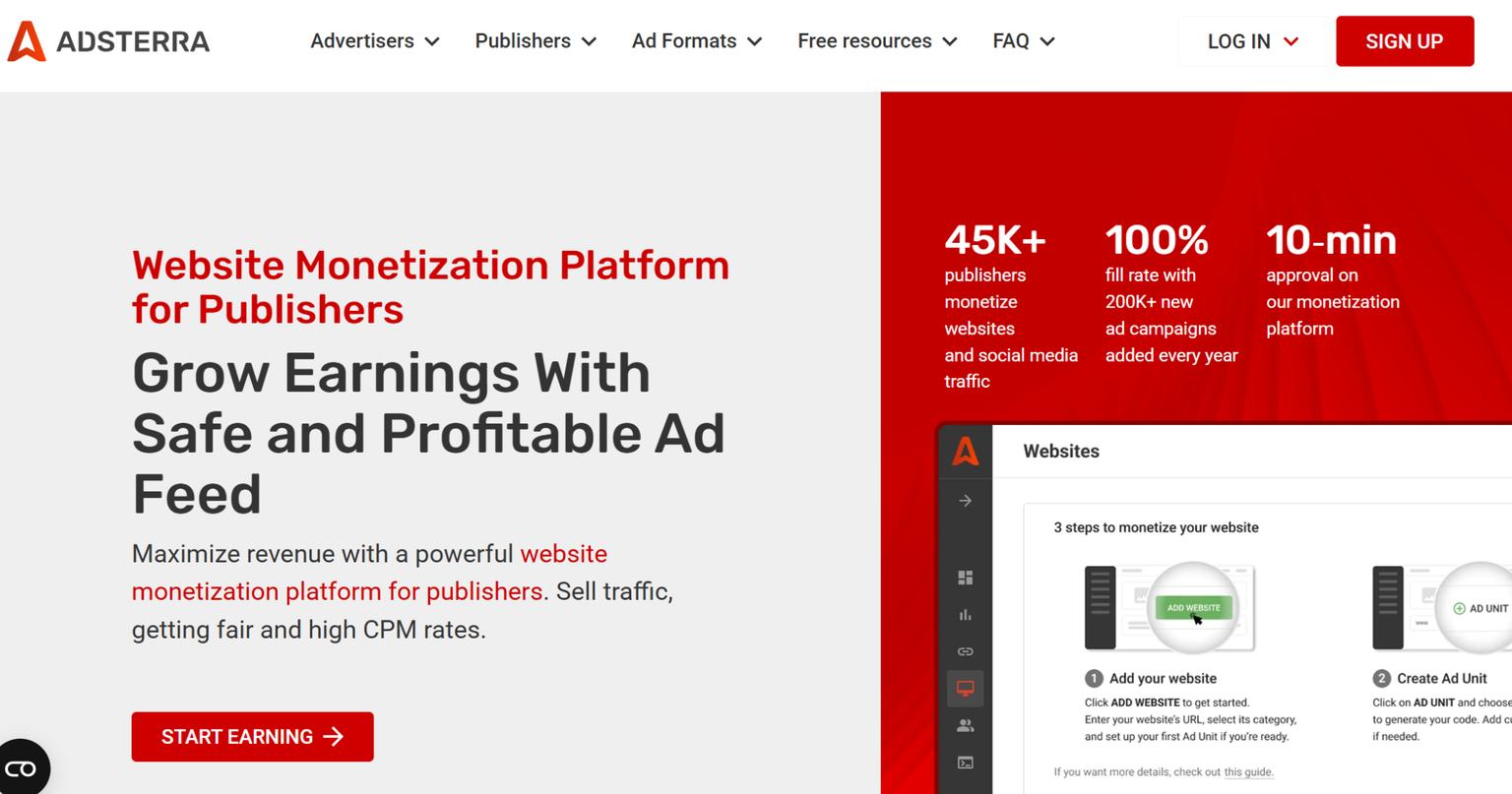 pagina de publishers en adsterra