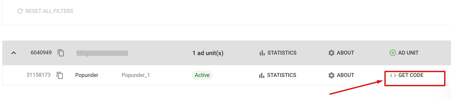 boton para obtener un codigo de anuncio en la plataforma adsterra
