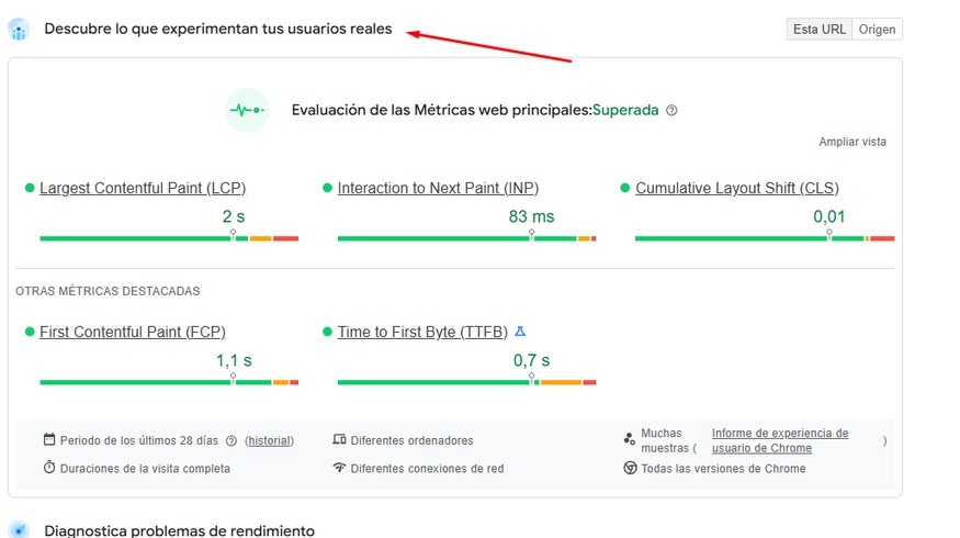 informe de la experiencia de usuarios reales en pagespeed insights