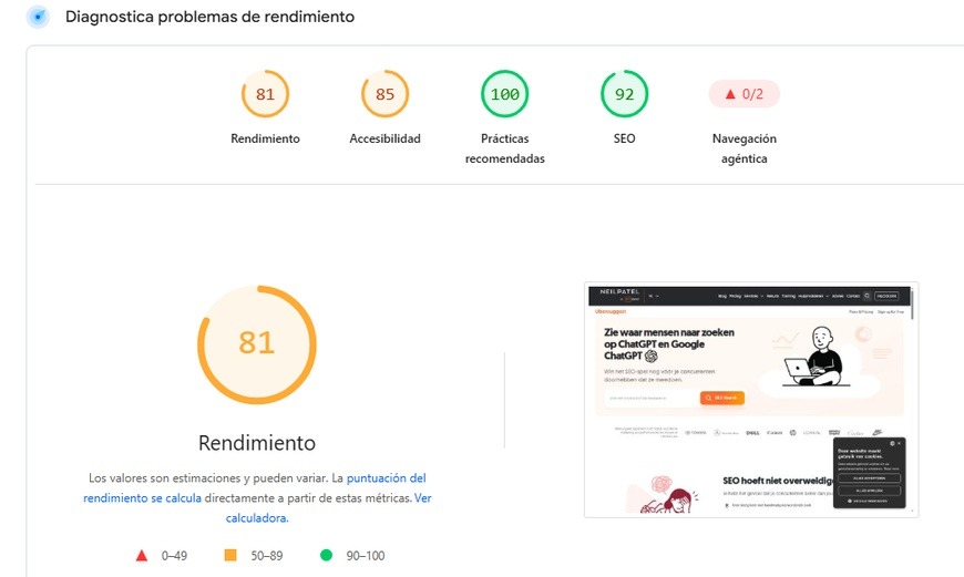 informe de rendimiento en pagespeed insights
