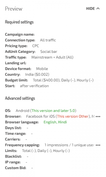 Final settings for the mobile app advertising campaign Final settings for the mobile app advertising campaign