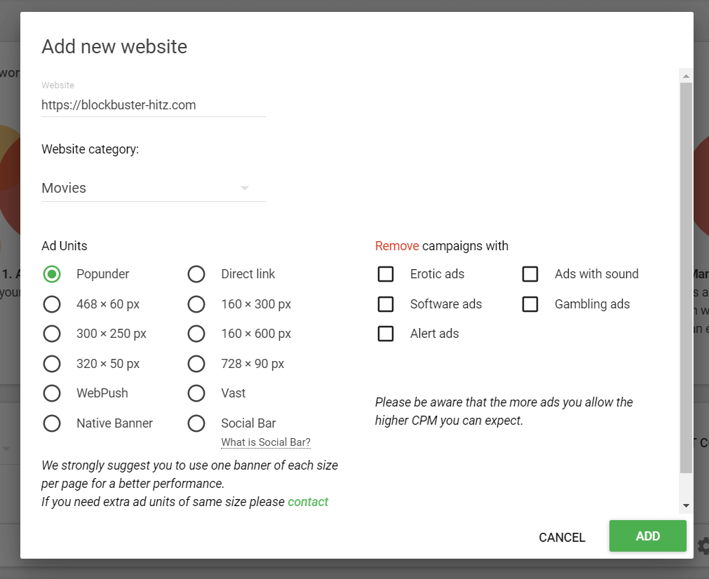 Get Adsterra ad code for a website