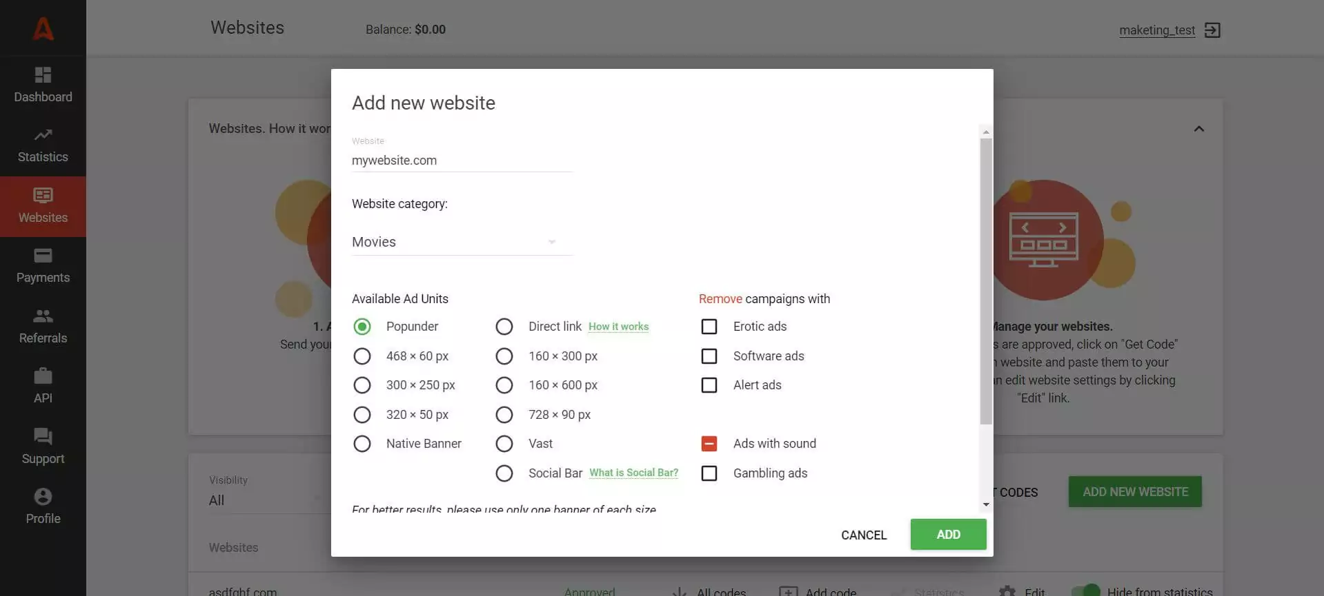 Adding a website