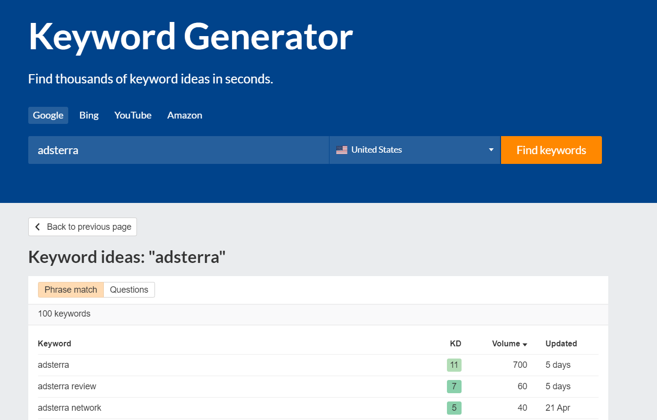 Ahrefs keyword generator Adsterra keyword ideas