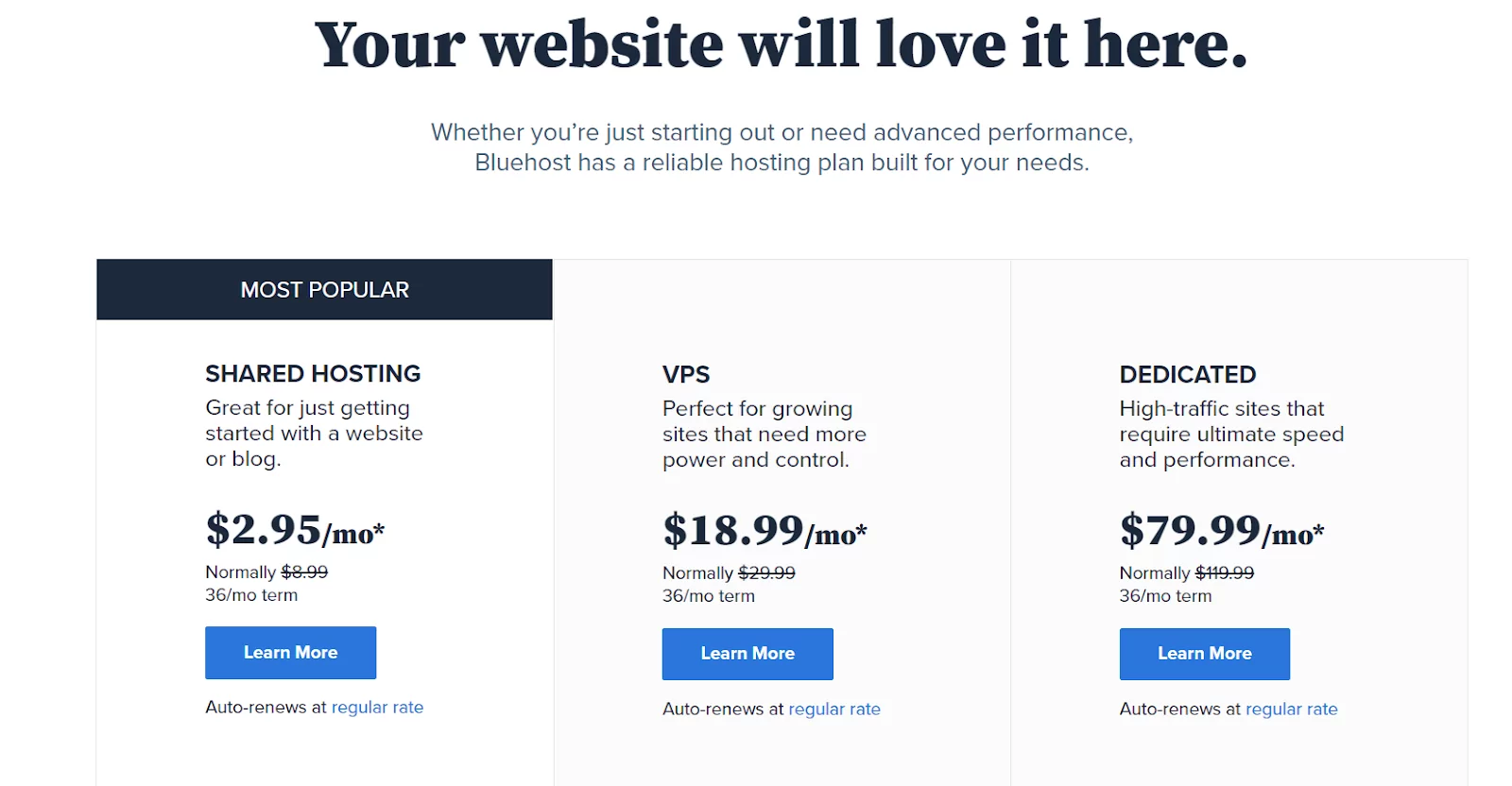 Select a Web Hosting Option on Bluehost