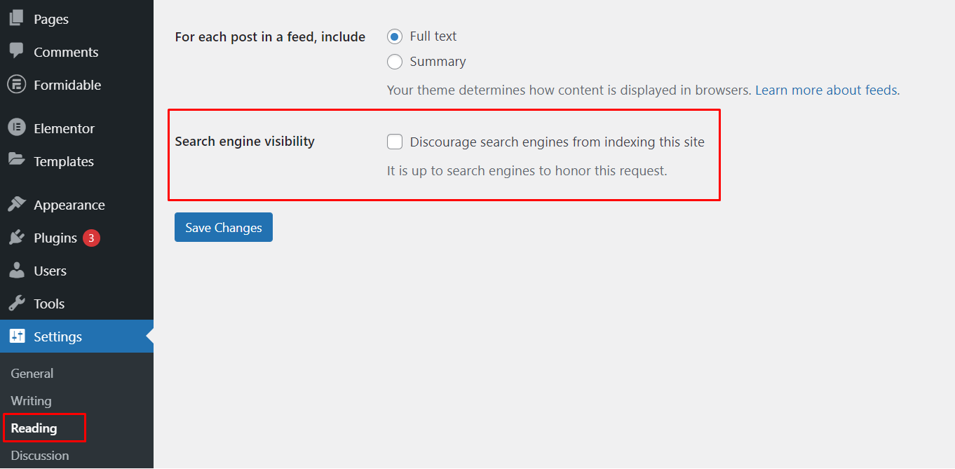 WordPress admin panel reading settings - search engine visibility