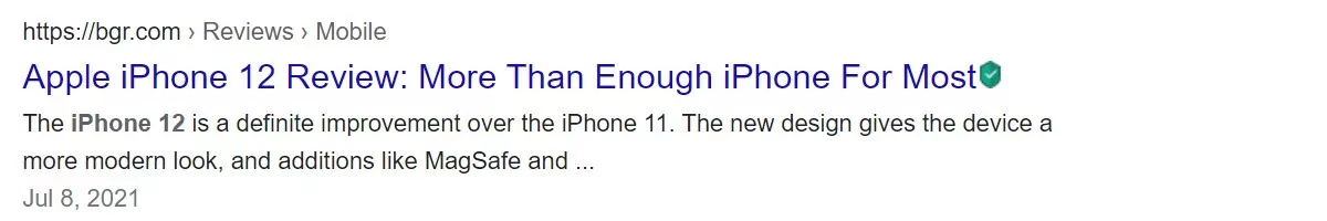 Google search result for Apple iPhone 12 example