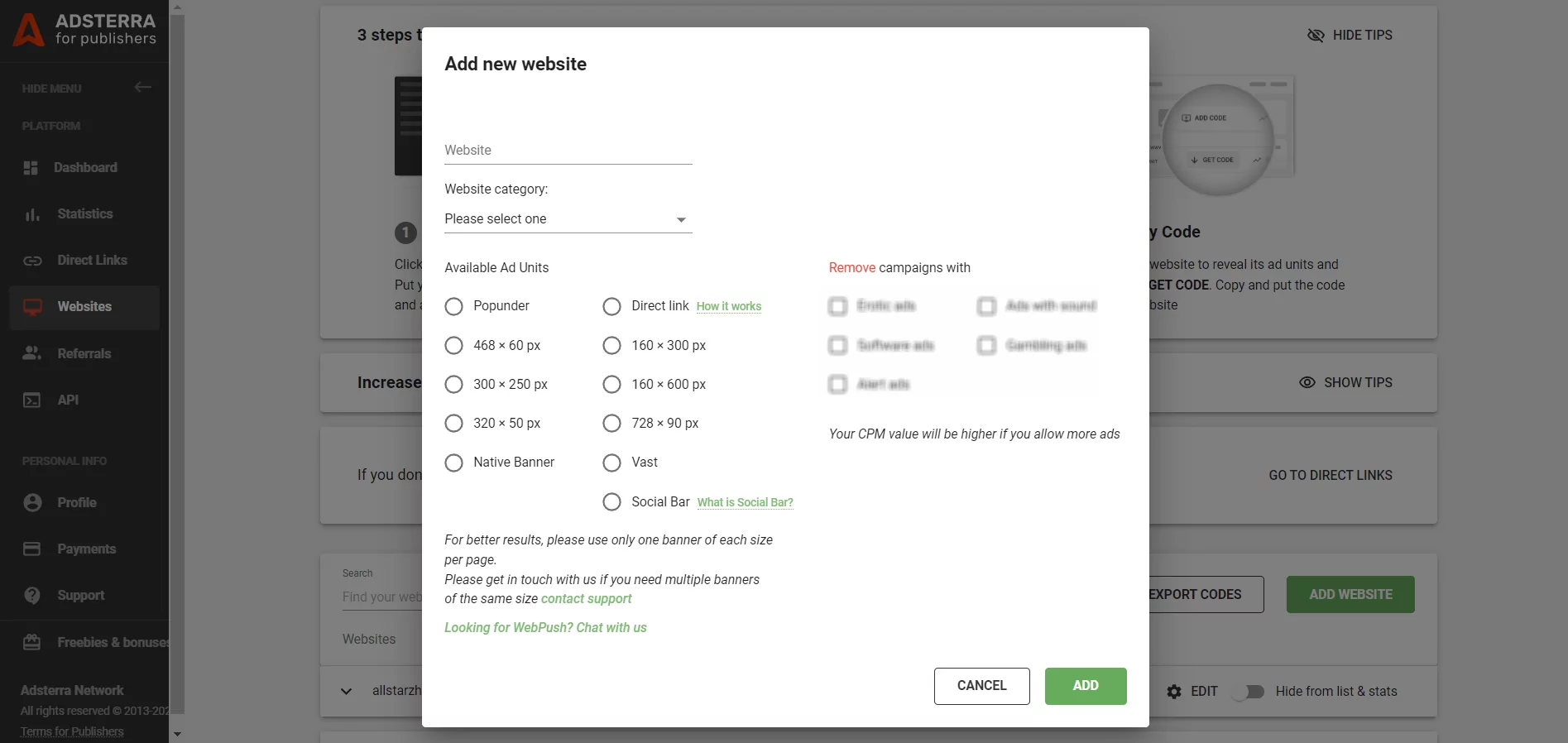How to add a website to Adsterra