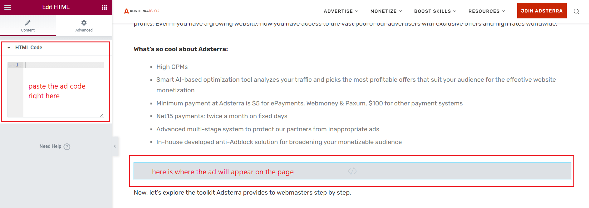 How to place Adsterra ads with HTML widget by Elementor