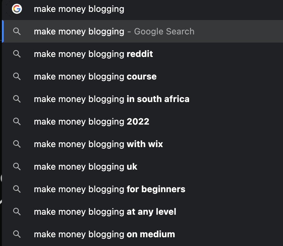 Google Autocomplete results for make money blogging