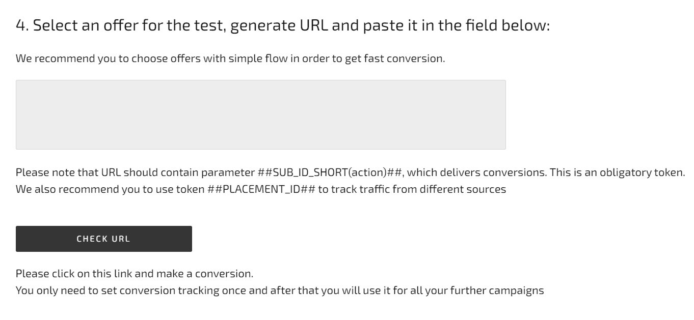 Select an offer and paste its URL to test how your postback works