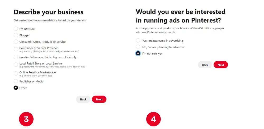 Steps 3 and 4 when creating a Business account