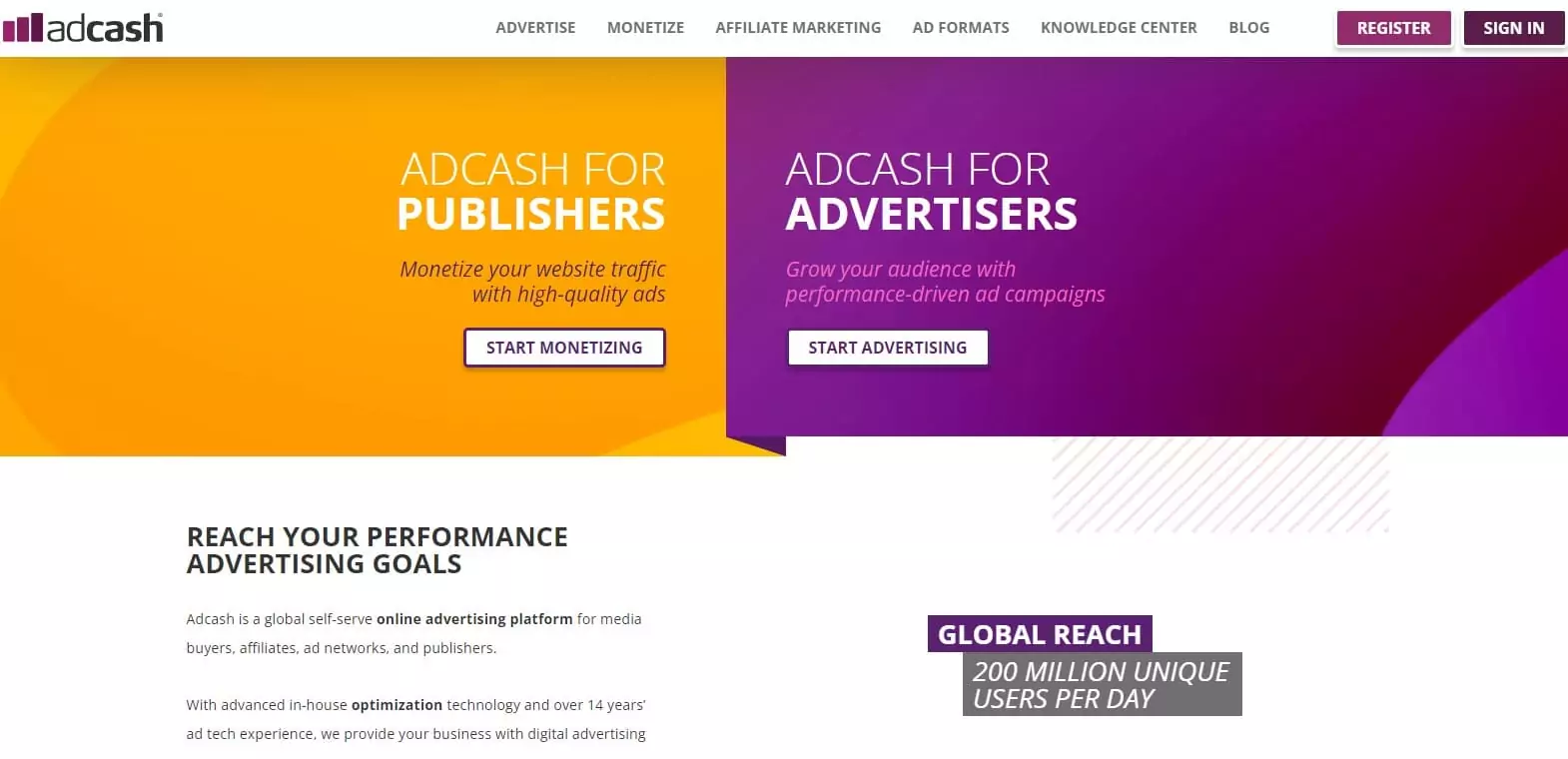 Adcash main page screenshot