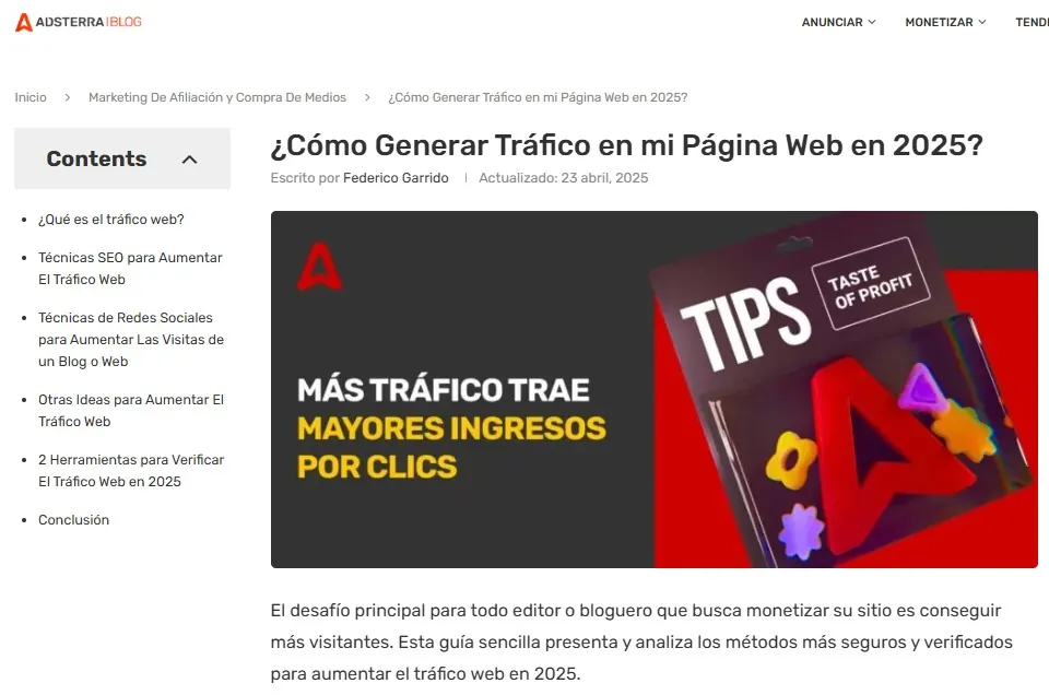 pagina-de-articulo-de-adsterra-sobre-como-generar-trafico-en-una-pagina-web